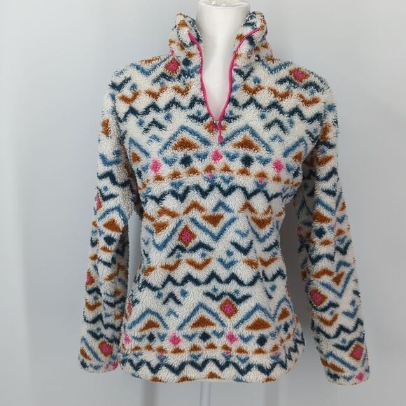 Eddie Bauer Pink Blue Aztec Tribal Sherpa Teddy 1/4 Zip Jacket Sweater X-Large - Picture 1 of 8